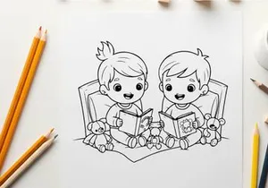 Children reading with teddy bears vector illustration flat design