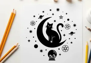 Mystic black cat silhouette on crescent moon with stars