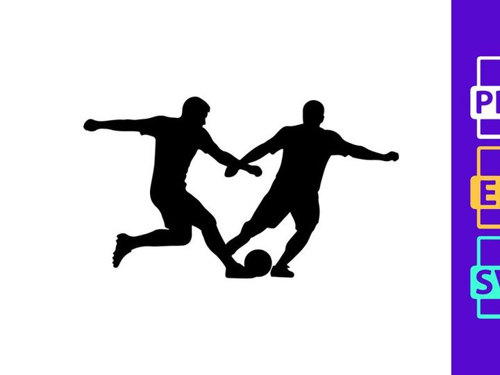 Two soccer players in action kicking and tackling for the ball in a competitive match