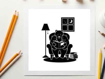 A silhouette of a bear reading in a cozy chair at night