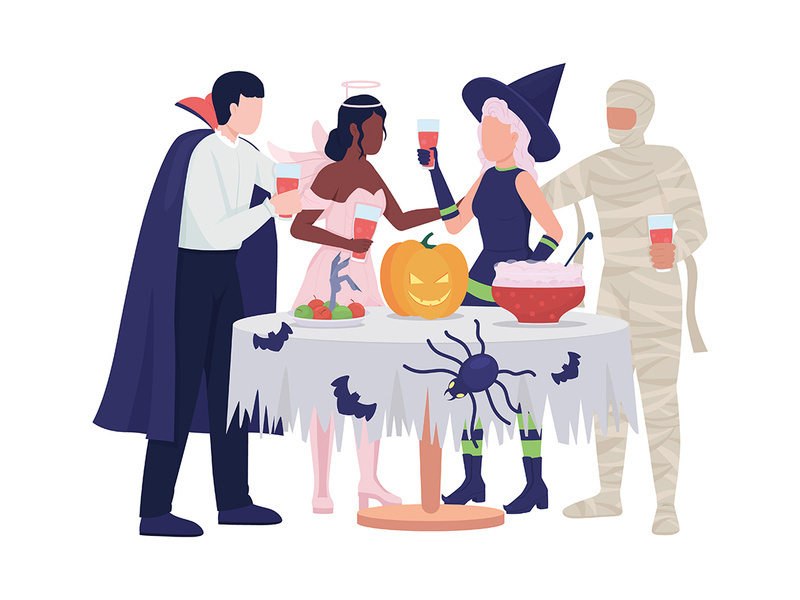 Halloween party guests semi flat color vector characters