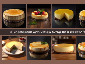 Cheesecake with yellow syrup on a wooden table preview picture