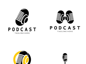 podcast logo with microphone and earphone audio, radio waves. for studio, talk show, chat, information sharing, interview, multimedia and web. preview picture