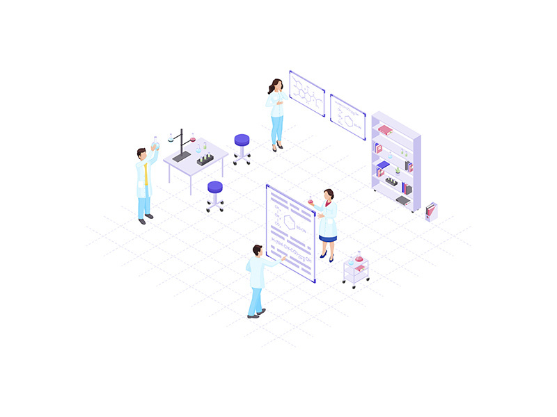 Scientists, chemists, academics, research workers isometric color vector illustration