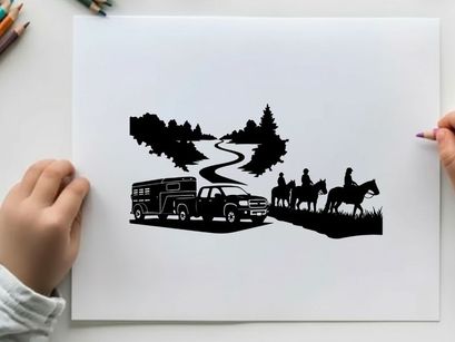 Silhouette of horseback riders and emergency response truck on a winding road