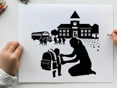 Silhouette of mother helping child with backpack at school