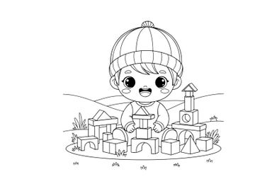 Cute baby playing with wooden blocks vector illustration preview picture