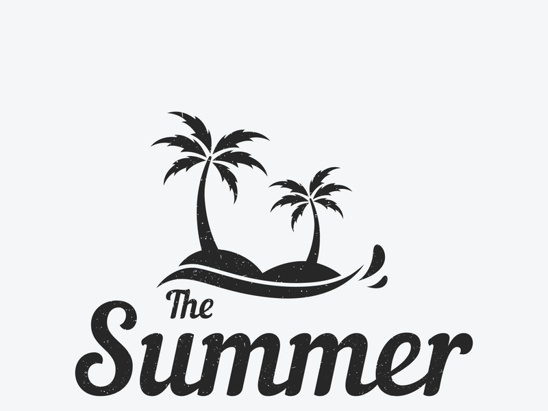 Summer vacation creative logo on the beach with symbols of waves, palm trees and surfboards in retro style.Emblem,label, poster,badge.