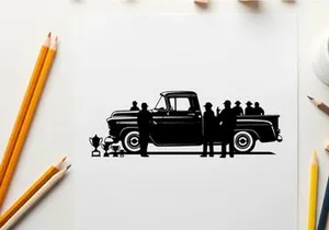 Vintage pickup truck silhouette with group of people and dog
