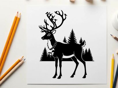 Reindeer silhouette with bells and christmas trees background