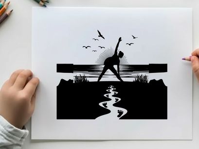 Silhouette of a person practicing yoga near a serene body of water with birds