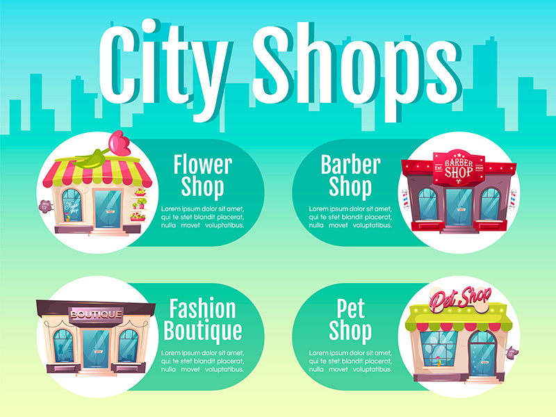 City shop flat color vector informational infographic template