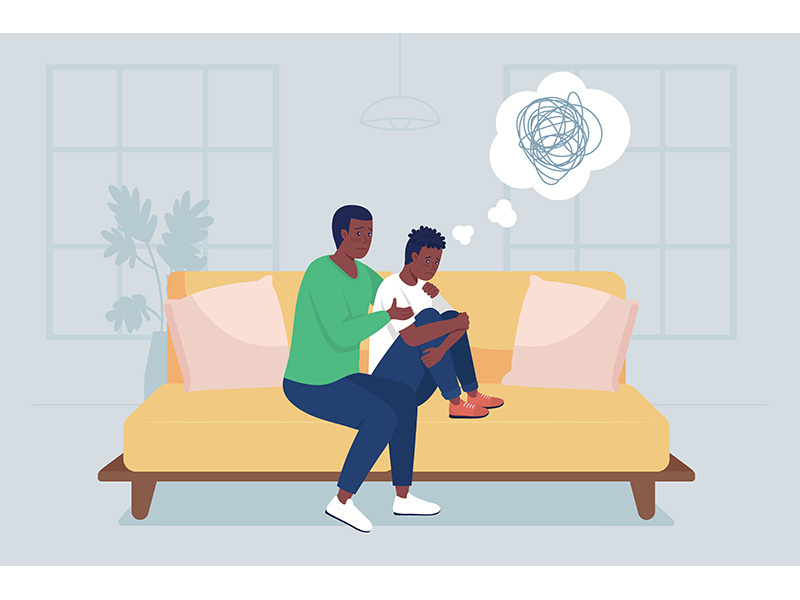 Father support teen son flat color vector illustration