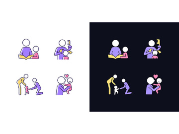 Family bonding time light and dark theme RGB color icons set set preview picture