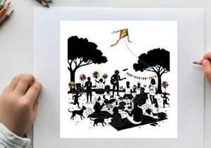 Silhouette of people and dogs at a park with a kite
