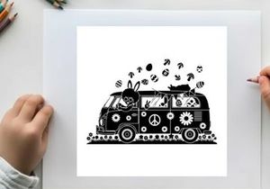 Silhouette of a decorated van with peace signs and flowers