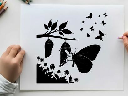 Butterfly silhouette emerging from chrysalis on branch with flowers