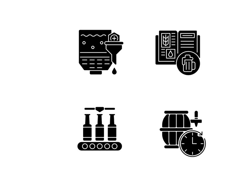 Beer production black glyph icons set on white space