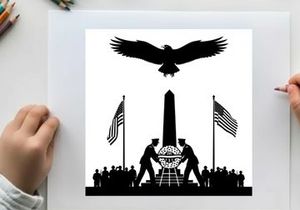 Silhouette of soldiers and eagle at memorial with american flags