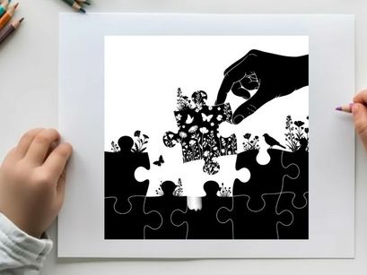 Silhouette of hand placing puzzle piece with floral pattern on white background