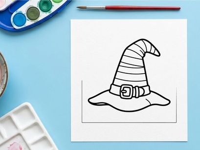 Chapéu de bruxa de Halloween com padrão espiral e fivela. Chapéu preto clássico de feiticeira com ponta para fantasias e decoração de festas.