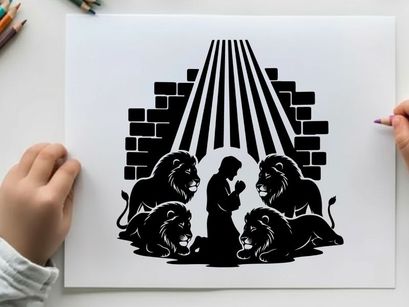Biblical silhouette of daniel in the lions' den with divine intervention