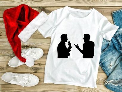 Two men communicating with a microphone and gestures in a simple silhouette