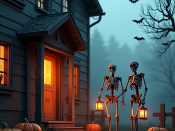 Halloween scene featuring two skeletons with lanterns. preview picture