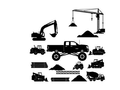 Construction vehicles and equipment silhouette illustrations