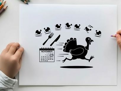 Black silhouette of a running turkey with utensils and calendar