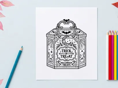Caixa de doces Halloween. Embalagem decorativa com motivos assustadores de feriado.