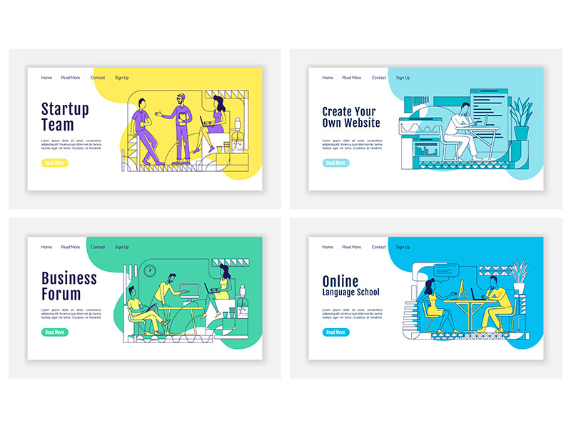 Business coworking landing page flat silhouette vector templates set