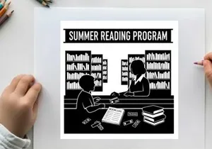 Summer reading program advertisement with silhouette of child and librarian