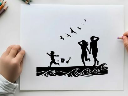 Silhouette of family on beach with waves and birds