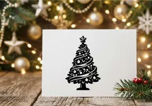 Black and white Christmas tree icon with star and ornaments for holiday design projects.