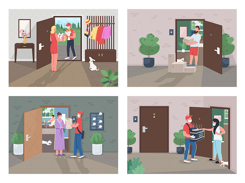 Covid lockdown delivery flat concept vector illustration set