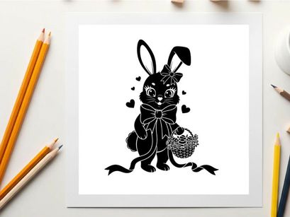 Adorable silhouette bunny holding a bouquet with hearts