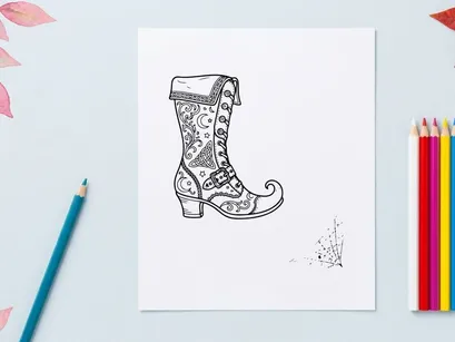Ilustrasi sepatu bot elf vintage buatan tangan. Sketsa alas kaki fantasi yang menyenangkan dengan ujung melengkung dan pola rumit.