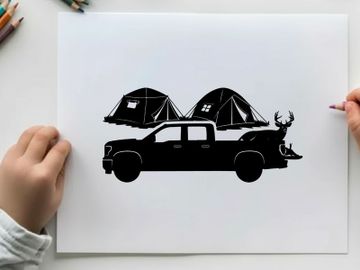 Silhouette of pickup truck with tents and deer on a white background preview picture