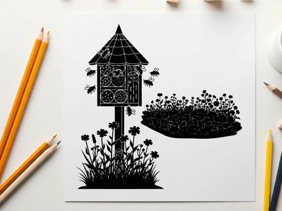 Silhouette of a birdhouse and flowers on a white background
