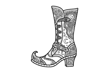 Hand-drawn vintage cowboy boot illustration. Retro western footwear sketch with ornate floral patterns and decorative stitching.