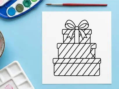 Stack of Christmas gift boxes with a bow, black and white line art vector illustration.