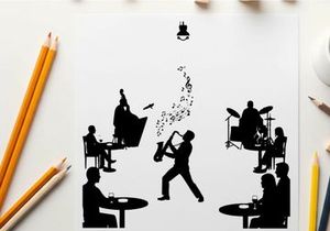 Jazz club scene with musician silhouette performance