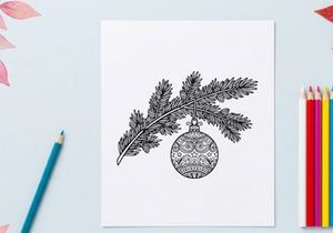Christmas bauble hanging on a pine branch, hand drawn sketch illustration.