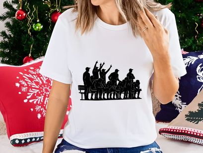 Black silhouette illustration of a group of people cheering and celebrating on a bench