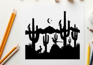 Desert silhouette with cacti and birds under moonlight