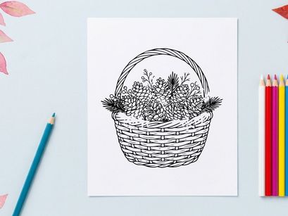 Hand drawn illustration of a wicker basket with pine branches