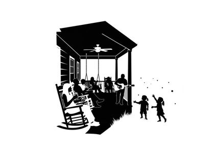 Silhouette of family on a porch with children playing