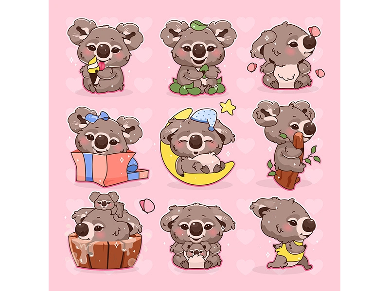 Cute koala kawaii cartoon vector characters set