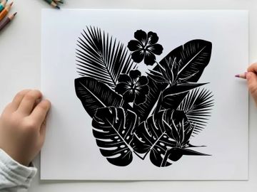 Tropical palm tree silhouette with flowers and leaves preview picture